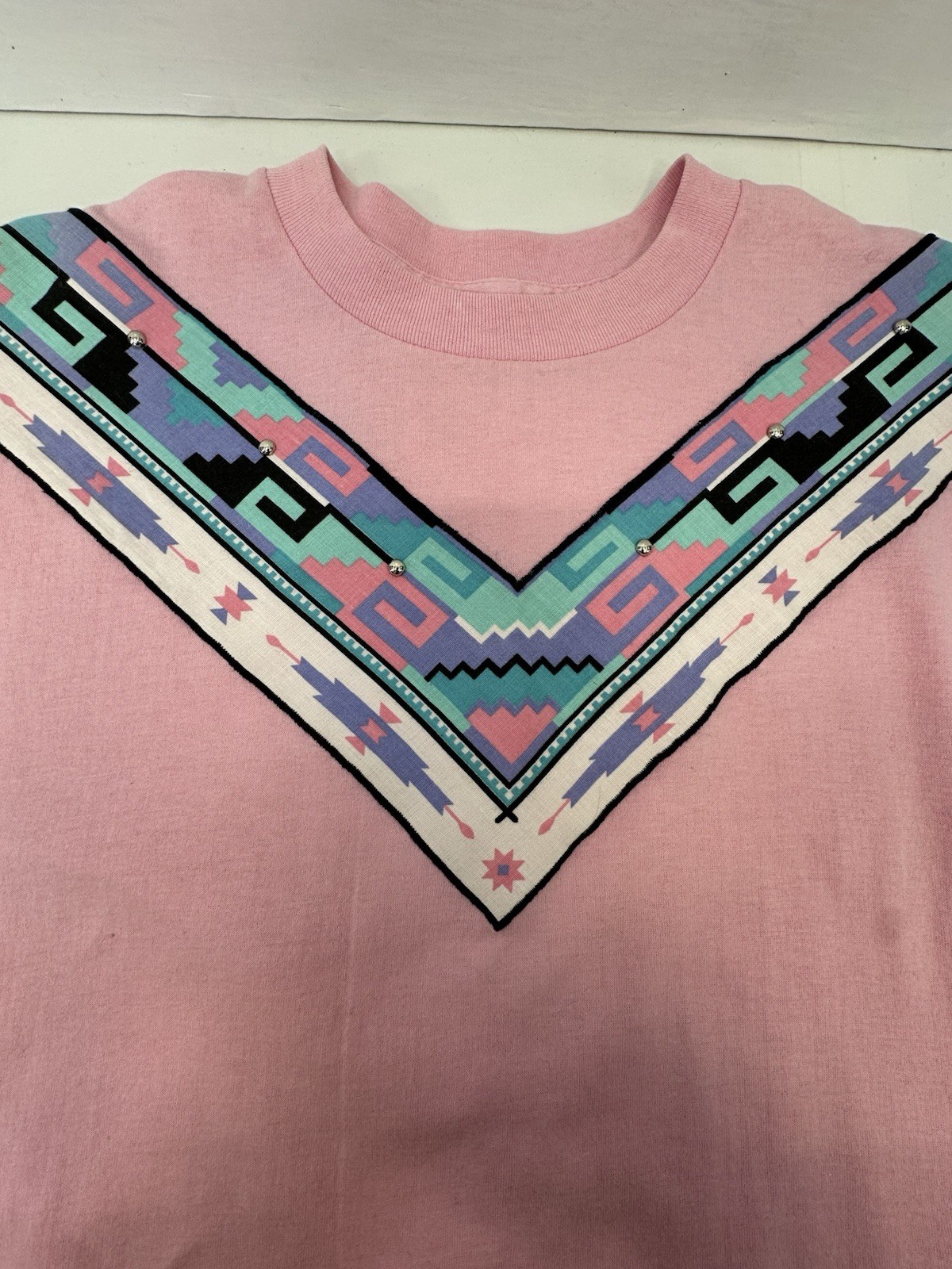VTG 90s Sunbelt Southwestern Graphic T-shirt Embellished Made USA Pink L READ