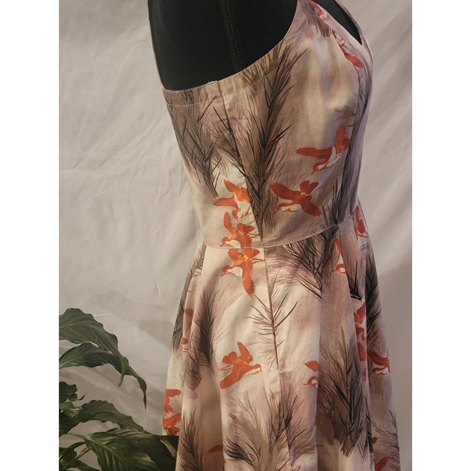 Bernie Dexter Bird Pine Print Cotton Fit Flare Dress Cream Orange Rockabilly M