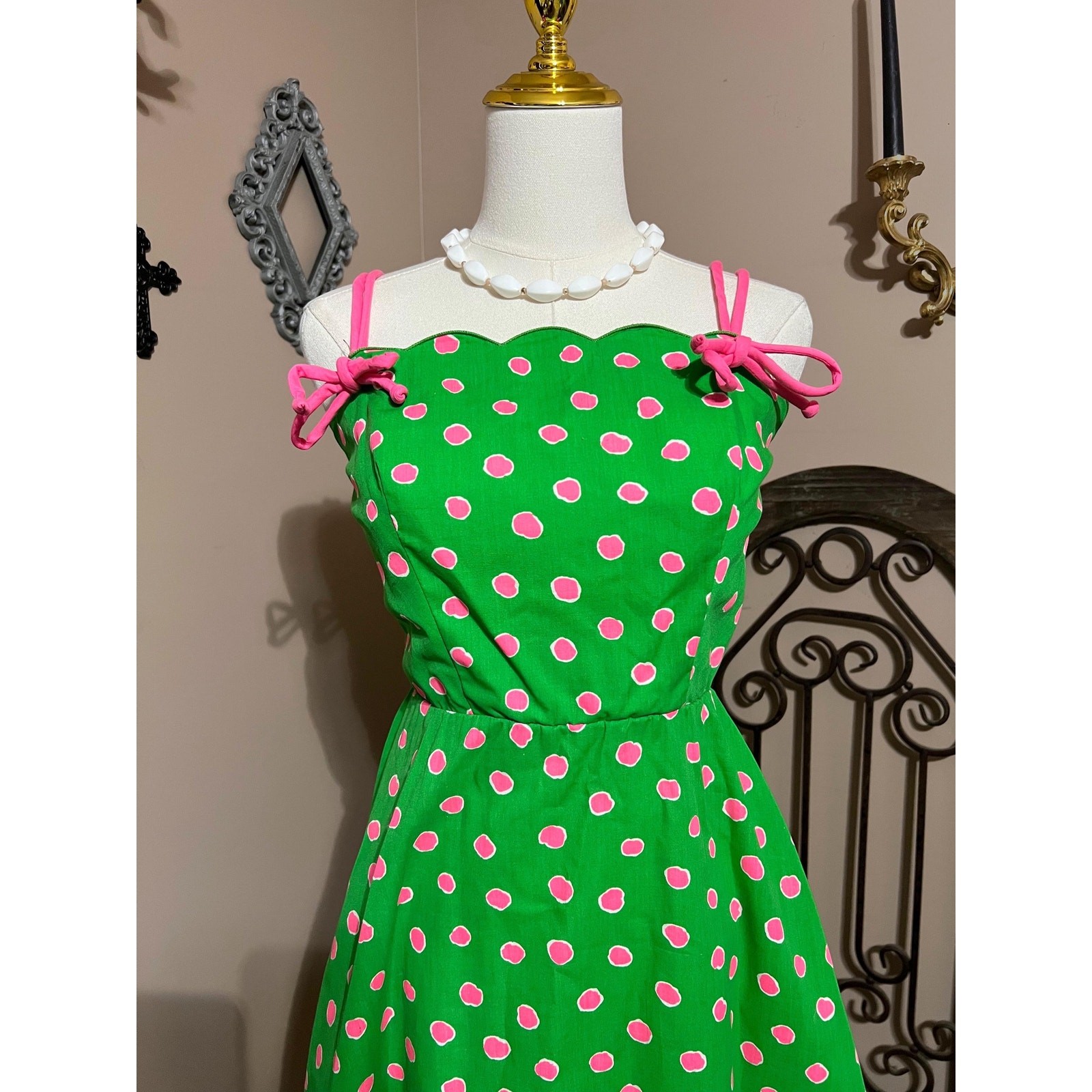 Vintage 60s 70s Green & Pink Polka Dot Tank Sundress Colorful Retro Mod Size S