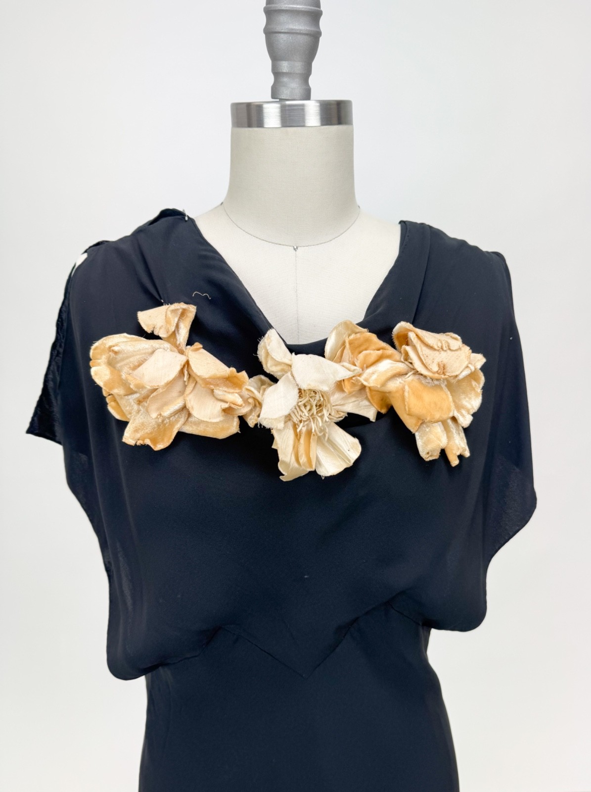 Antique 1920s 1930s Black Silk Gown Full Length Creme Velvet Flower Appliques