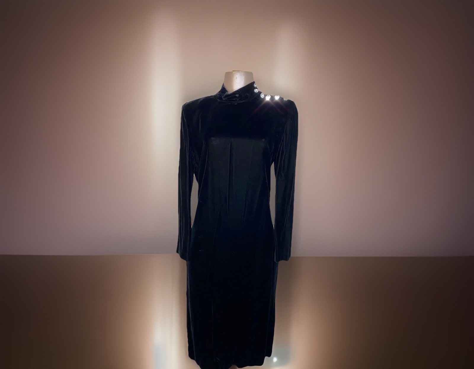 Y2K Vintage 90’s Black Velvet Turtleneck Rhinestone Holiday Party Winter Dress 6