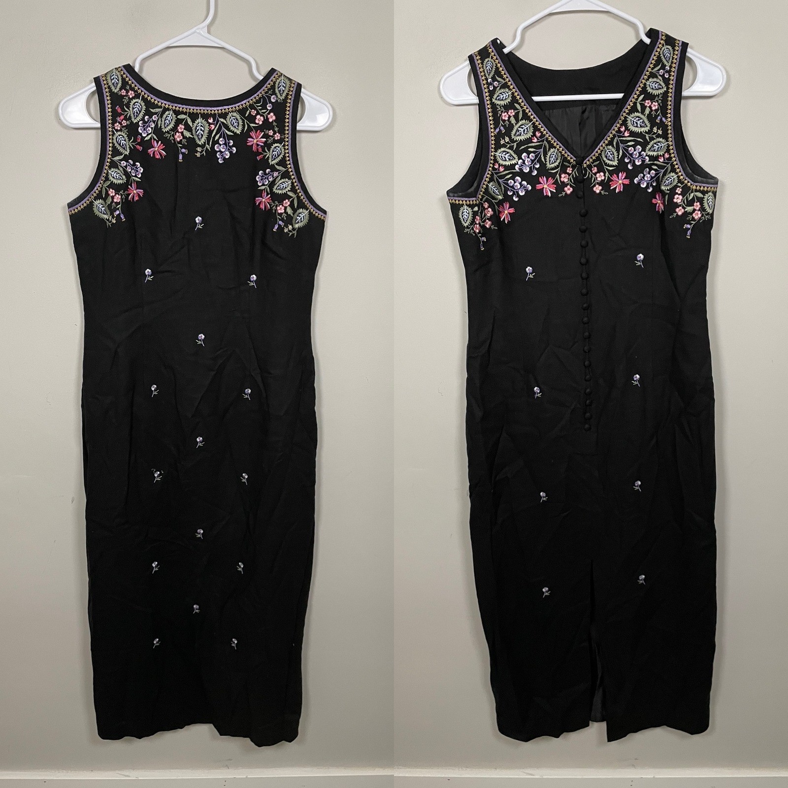 Vintage Ultra Dress Linen Blend Floral Embroidered Midi Dress Size 8 Cottagecore