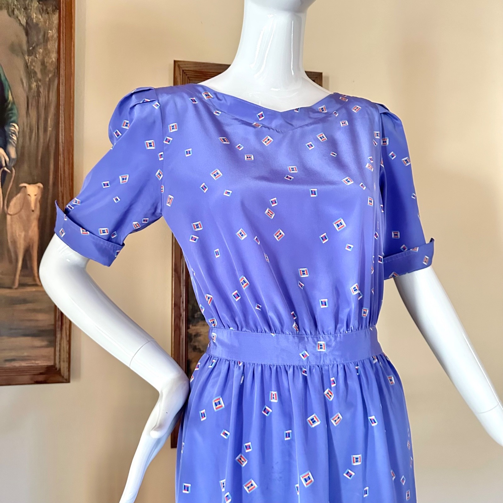 Vintage 1980s New Wave Squares Purple Secretary Day Dress Cute Button Side! S