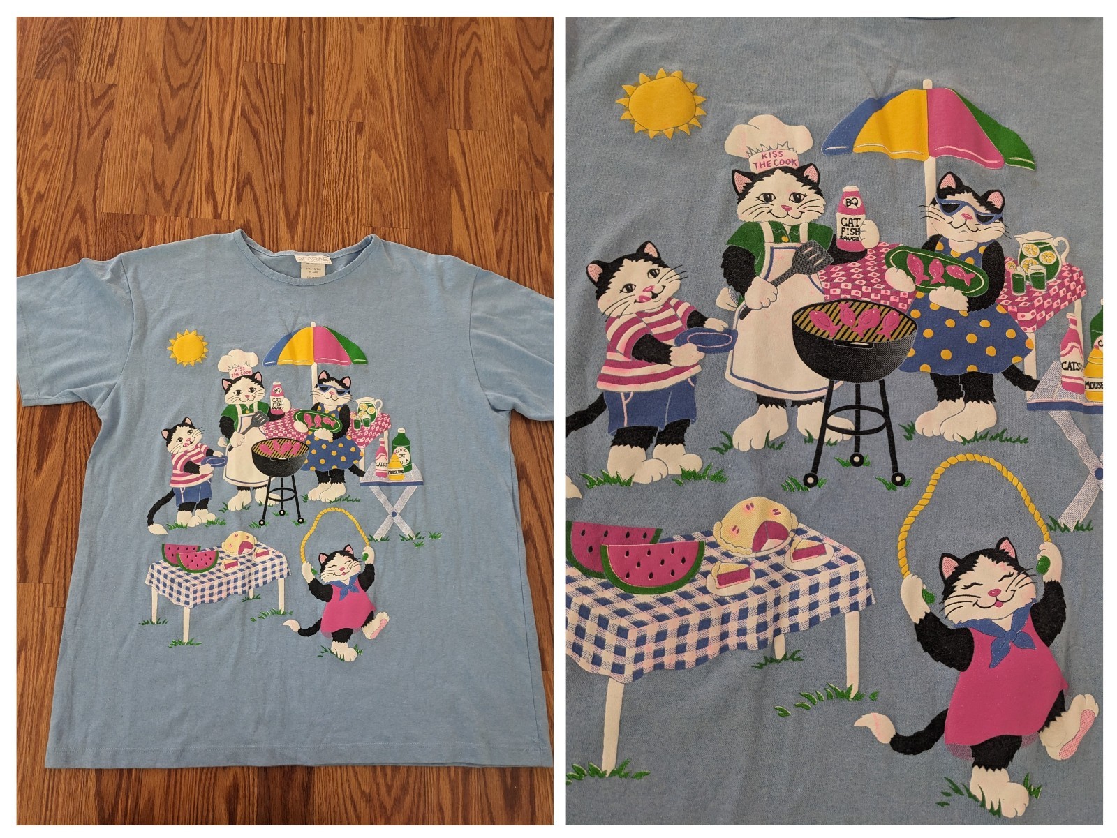 Vintage Scarab San Francisco 80s 90s Cats Family BBQ Puffy Print Shirt Kawaii M