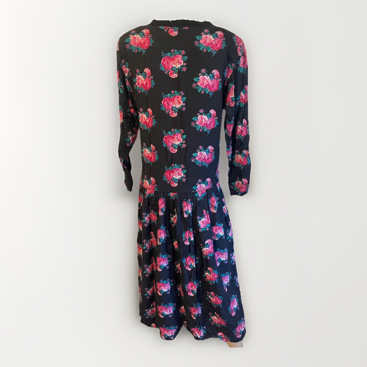 Vintage 80s Peppers Black Pink Rose Print Midi Dress M Rayon Drop Waist LS