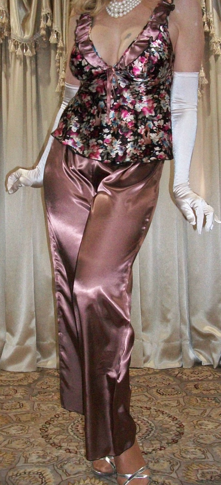 Vtg Mocha Floral Camisole Satin Pajama Pants M