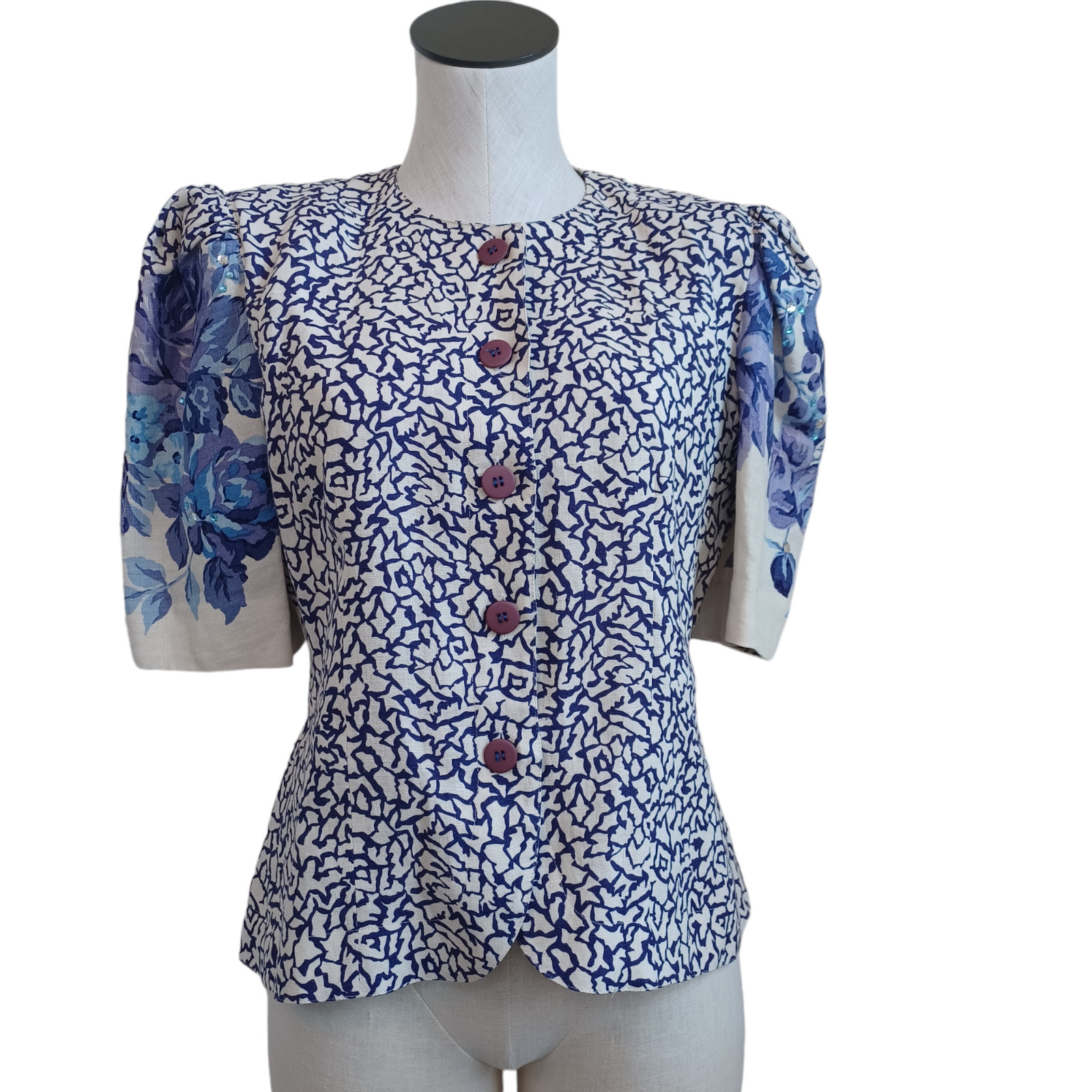 Rickie Freeman Teri Jon Vintage Purple Floral Puff Sleeve Embellished Blouse 8