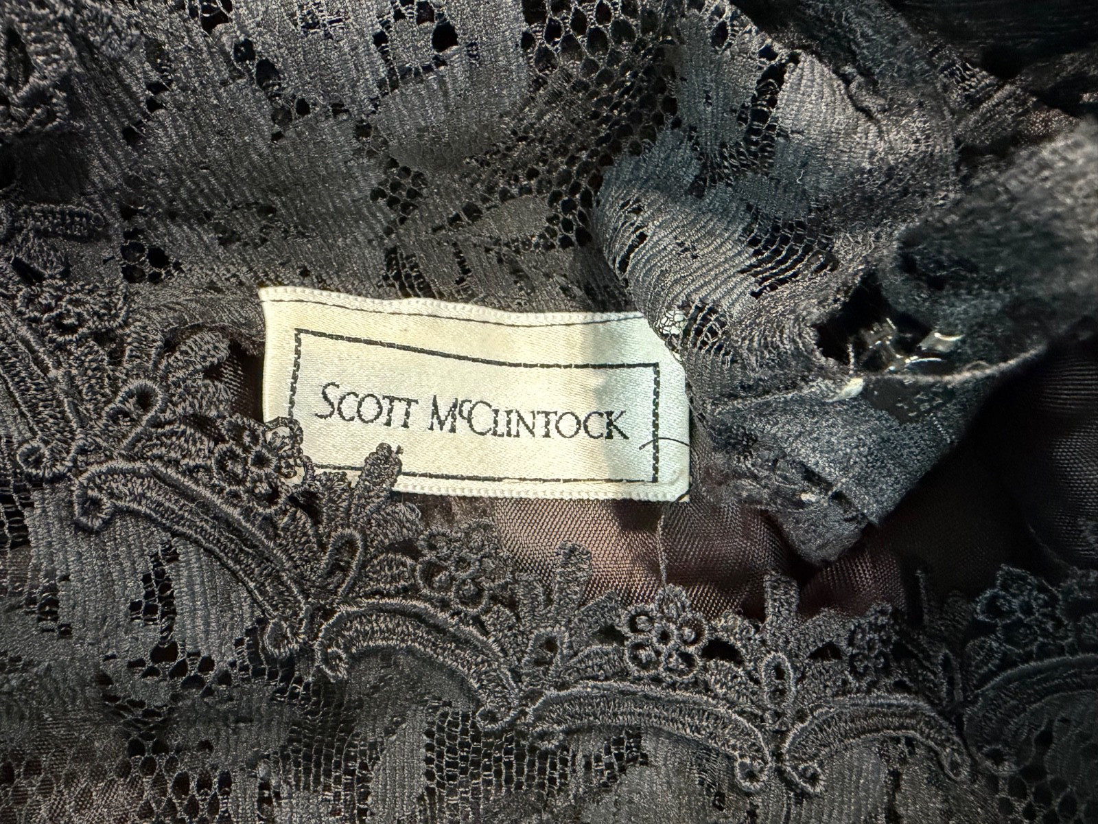 vtg Scott McClintock 80s Black dress Lace bodice drop waist Brocade satin bottom