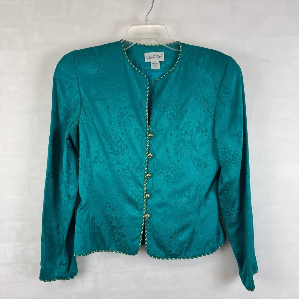 Vintage Papell Too Silk Brocade Jacket Teal Gold Trim Button Front Womens Size 6