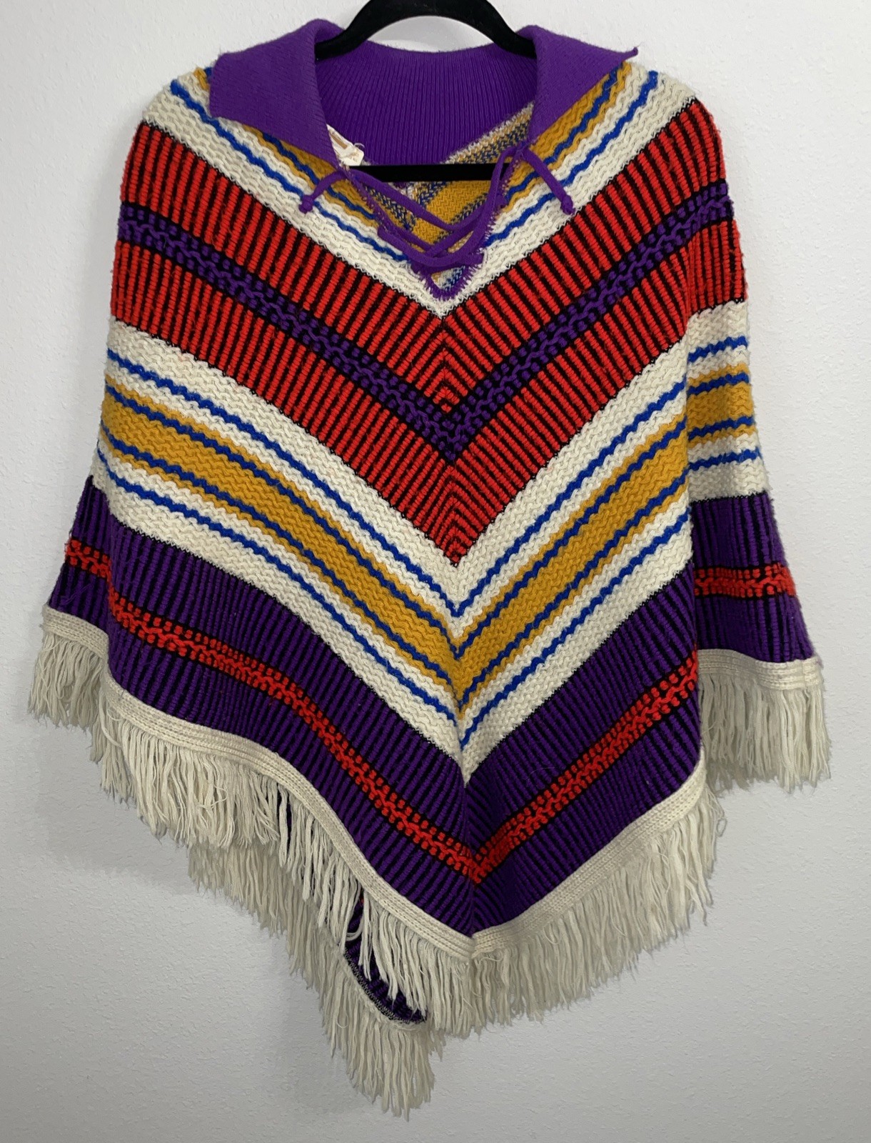 Turbo Orlon Acrylic Vtg 70s Tapestry Poncho Fringe Boho Hippie OSFA Chevron
