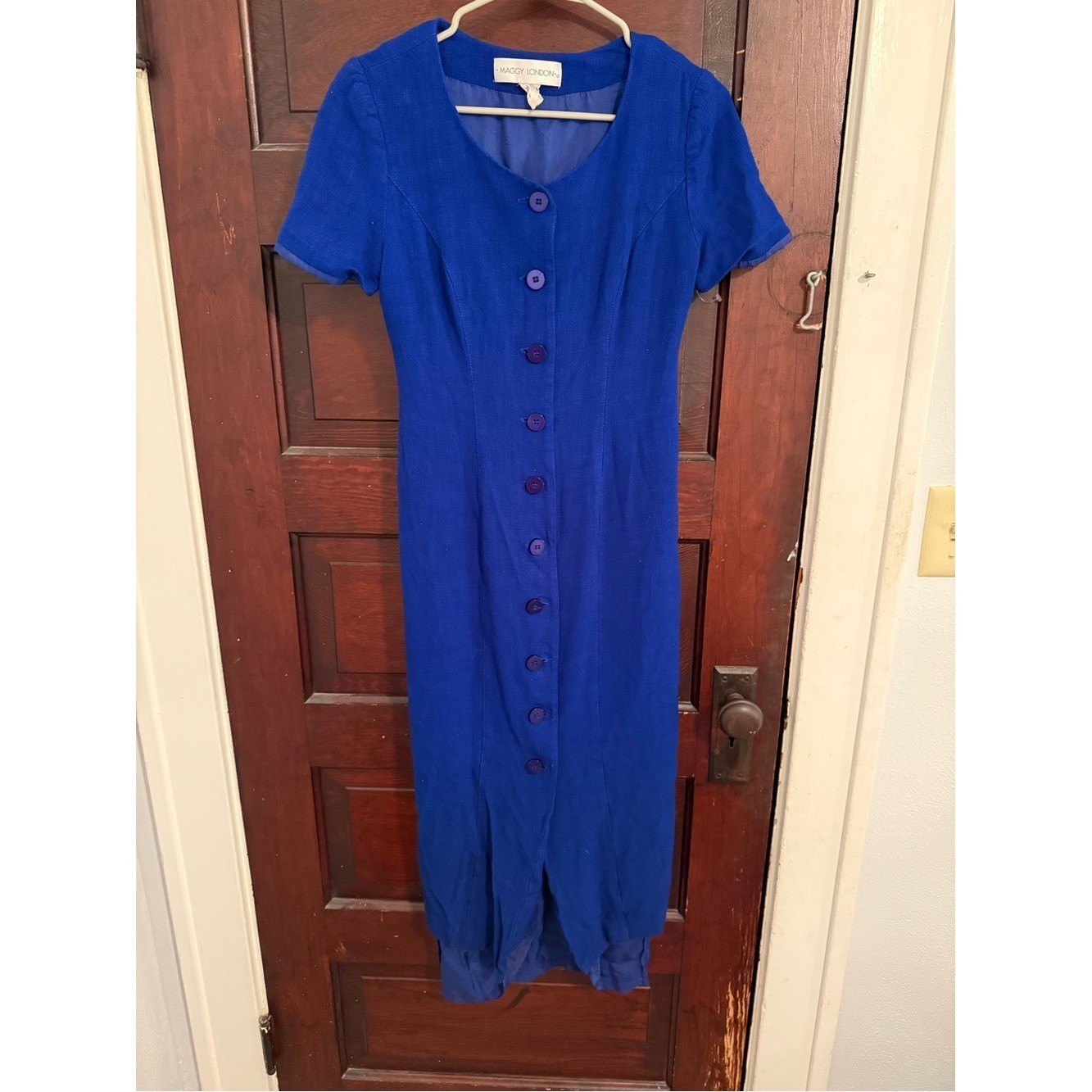 Maggy London Cobalt Blue Button-Front Vintage Linen blend Midi Dress