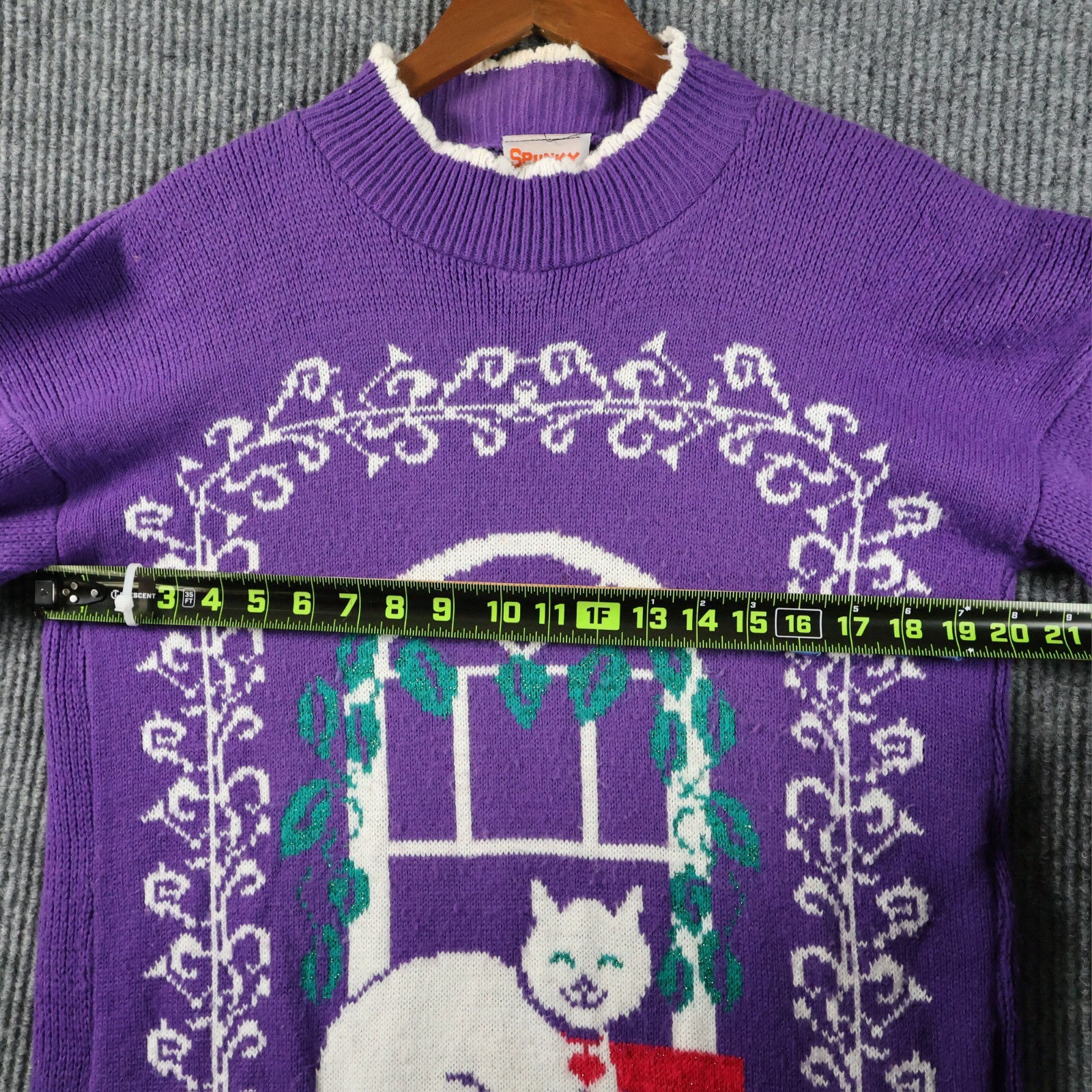 Vintage Spunky Womens Purple Cat Sweater 80s Window Novelty Knit Top Size Large