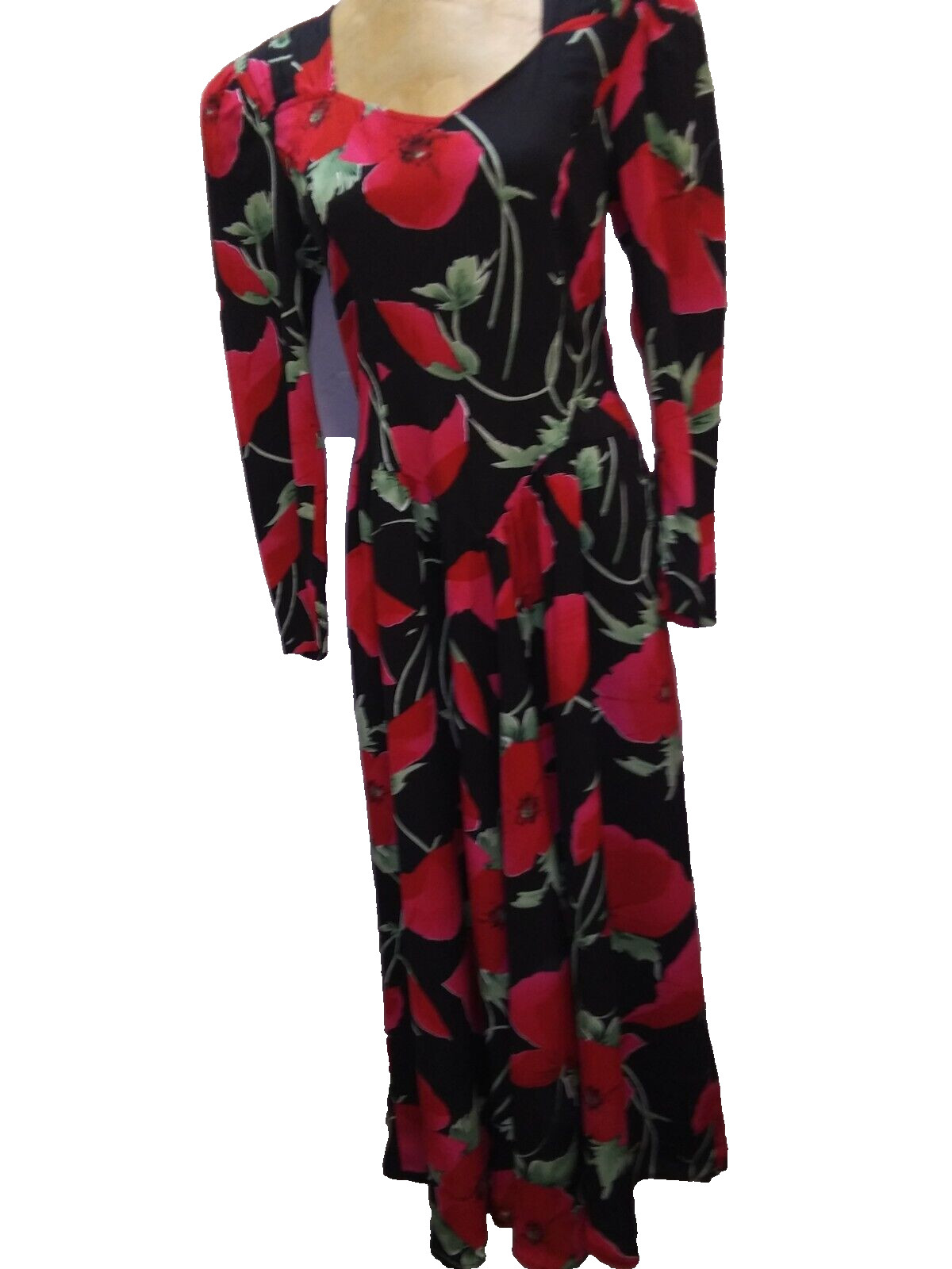 Vintage 1980’s Black Red Green Rayon Dress by Carol Anderson Small