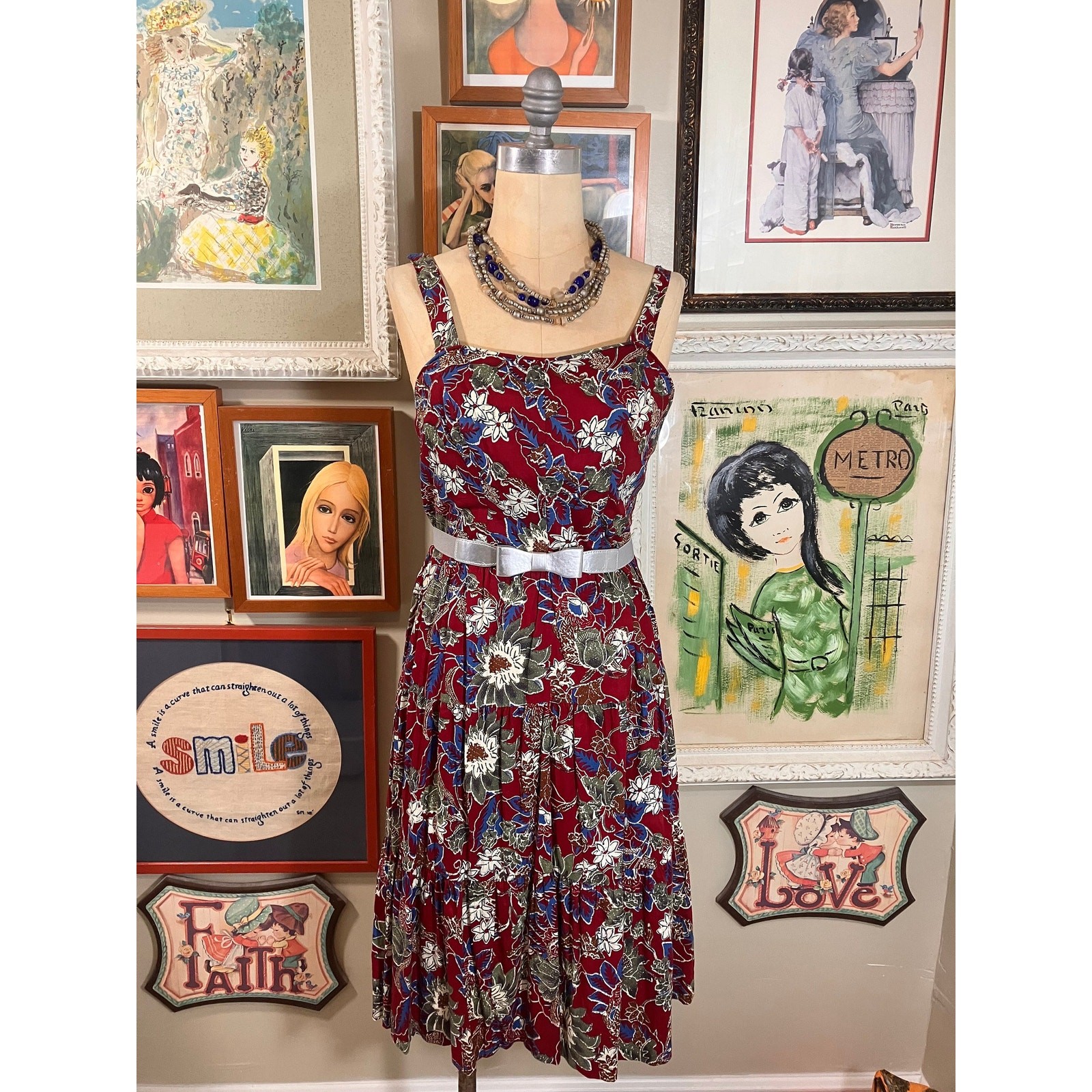 Vintage 1970s Dash-About Floral Cotton Sun Dress Red Blue Petite Small Boho