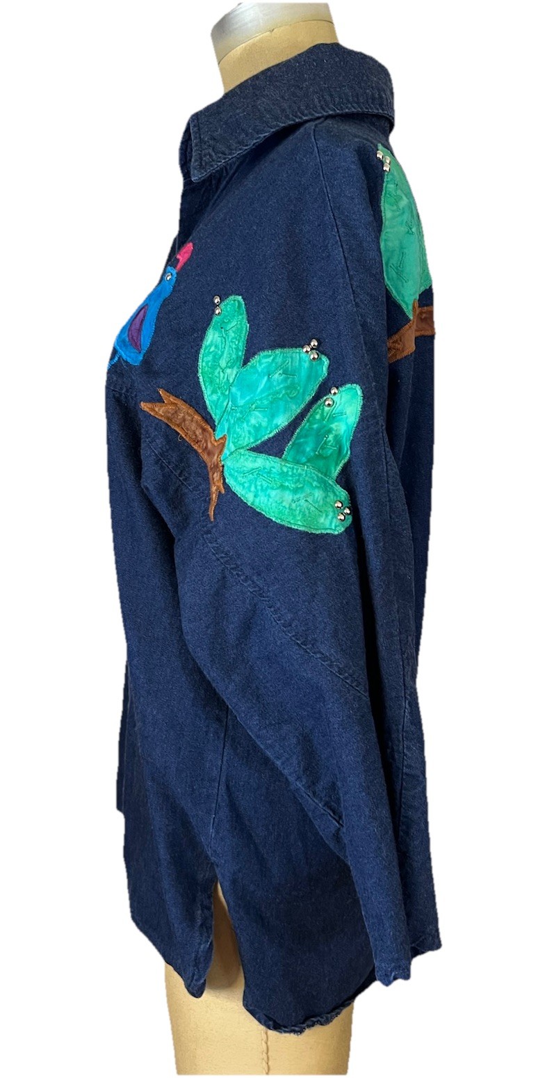 Alfredo’s Wife Vtg 90’s Denim Embroidered Bird/cacti Dolman Sl Button Up M