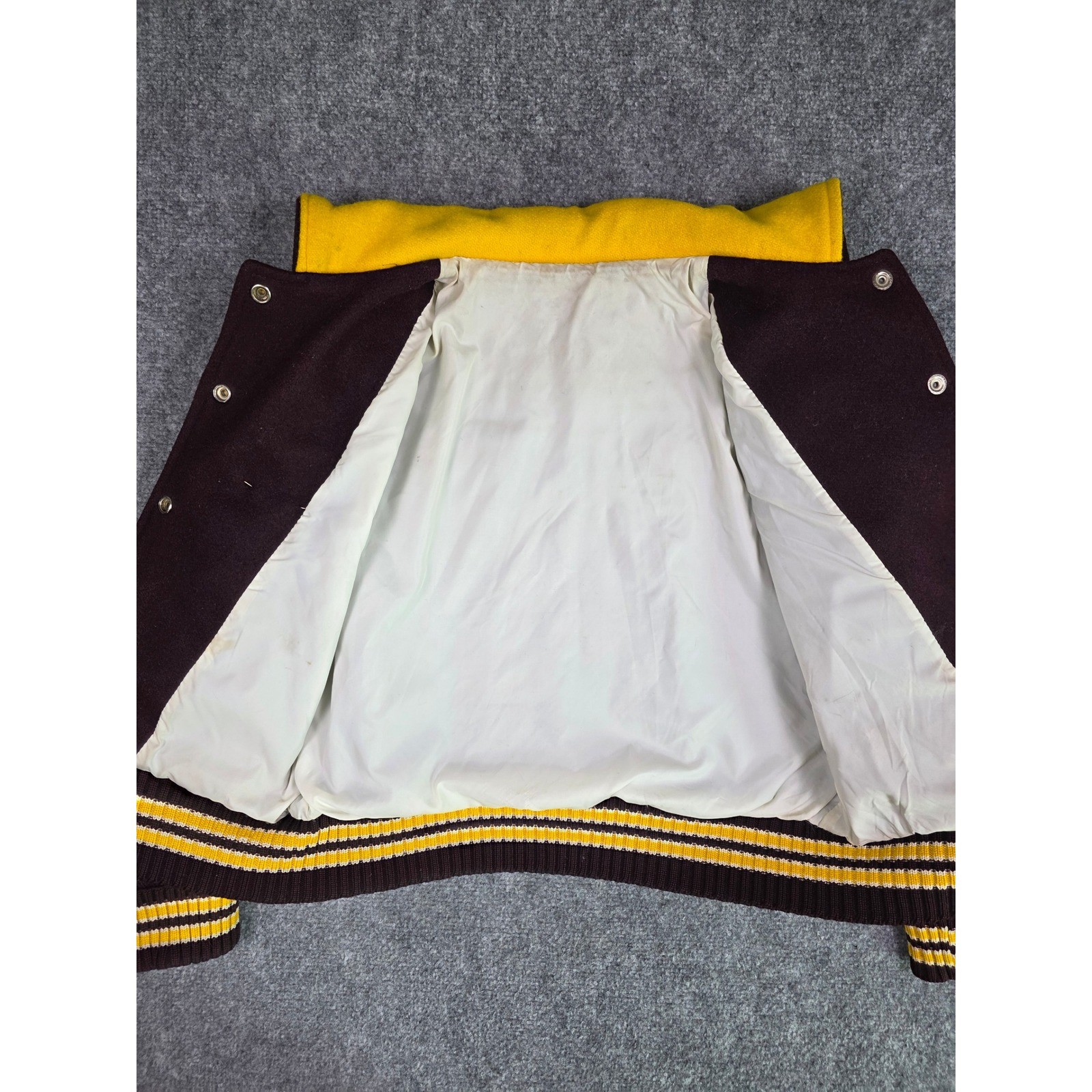 Vintage 80s Wool Cheerleader Letterman Varsity Jacket Maroon Gold Hooded Womens