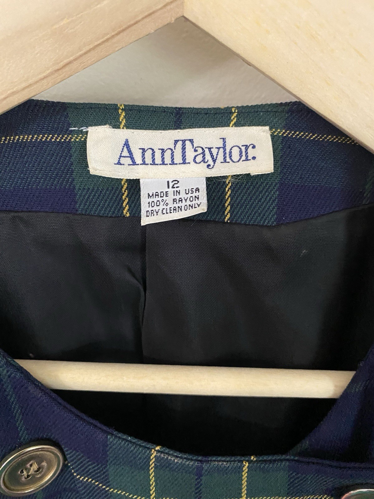 Vintage Ann Taylor Green Tartan Plaid Short Cropped Blazer Jacket 12 USA Preppy