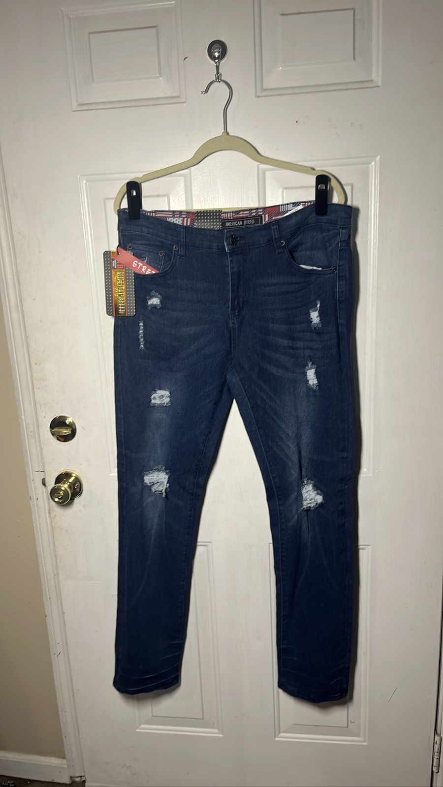 American Breed Men’s Distressed Jeans Dark Blue Stretch Slim Fit Sz 34