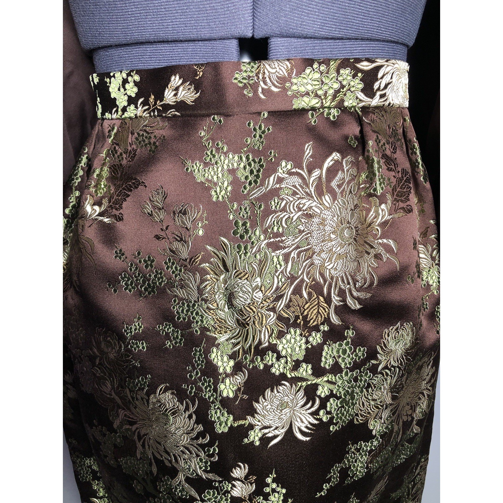 Vtg 70s 80s Brown Brocade Skirt Suit Metallic Floral XS S 2–4 Jacket Skirt Set