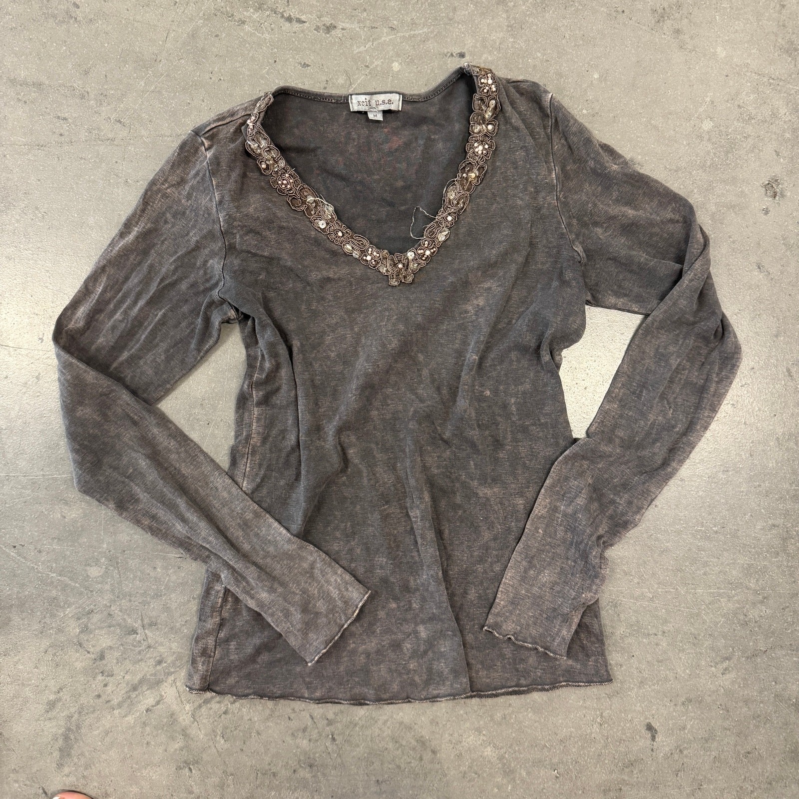 Vintage Y2K Beaded Embellished Grey Brown Acid Wash Longsleeve Xcite USA Medium