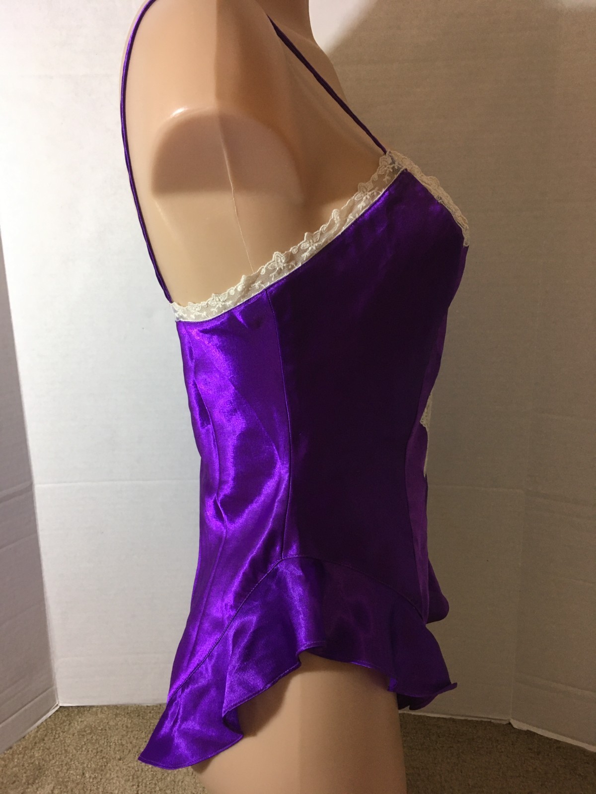 S Vtg VICTORIA’S SECRET Soft SATIN Lace Bodysuit Teddy Purple Ivory Gold Label
