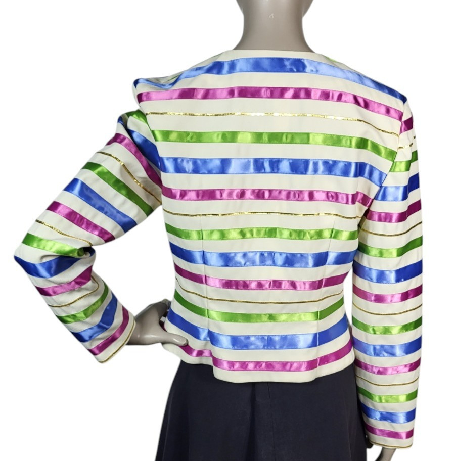 Vintage Satin Jewel Tone Metallic Ribbon Striped Blouse Jacket Maggy London