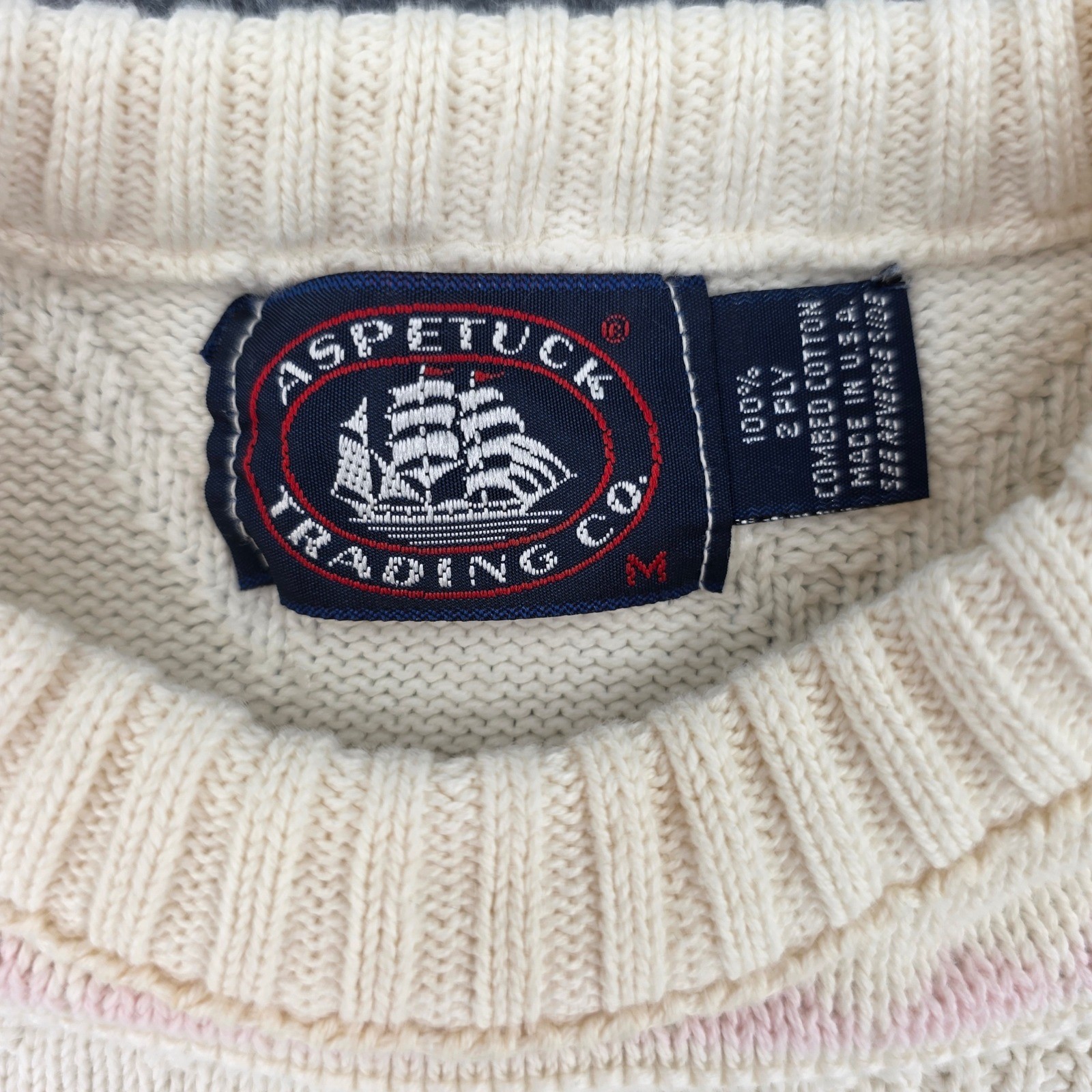 Aspetuck Trading Co Vintage Womens M Cream Pastel Striped Cotton Knit Sweater
