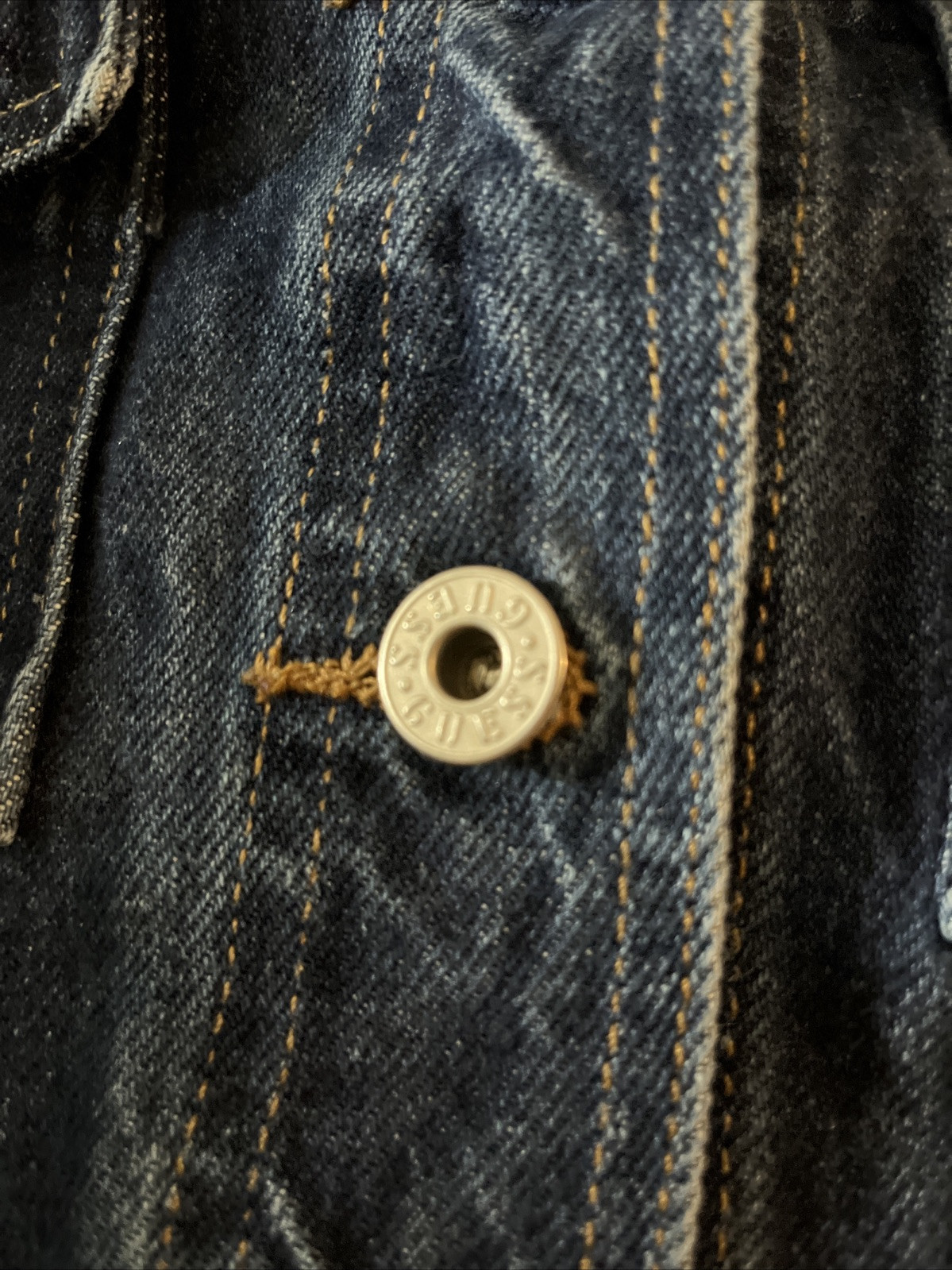 Vintage GUESS Blue Jean Jacket Crop Dark Wash Medium Fringe Button Up