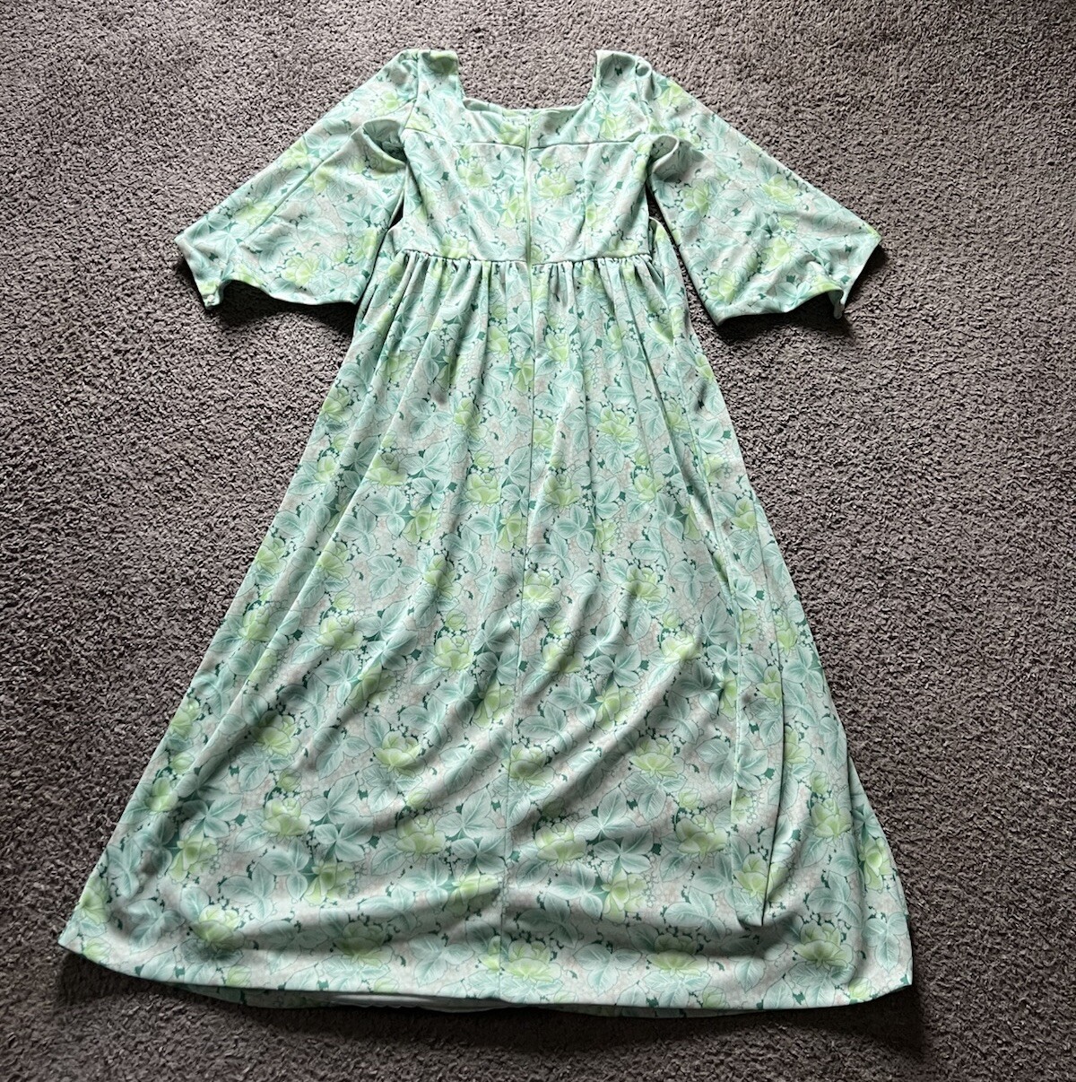 Vintage 70s Prairie Dress S/M Green Floral Maxi Flare Bell Sleeve Cottage Spring