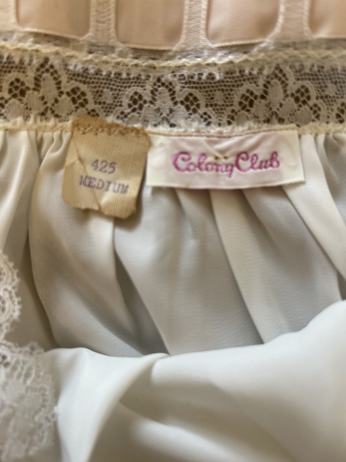 Vintage Colony Club White Nightgown Nylon Lace Pink Ribbon Trim 60’s Medium P3