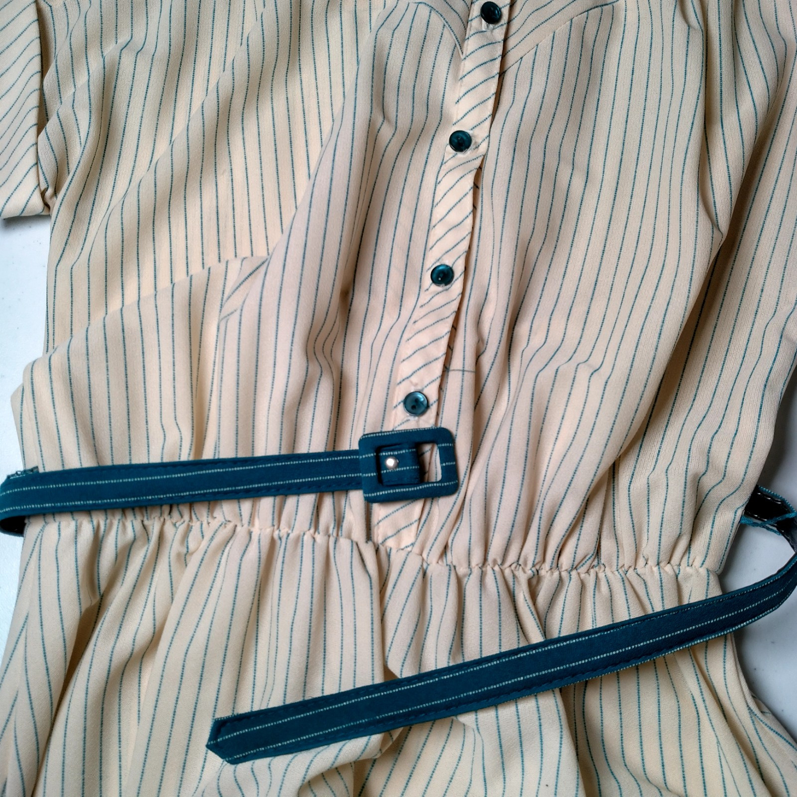 Vintage 1970s Dress Size 7 Ivory Blue Stripe Button Up Collar Belted Secretary