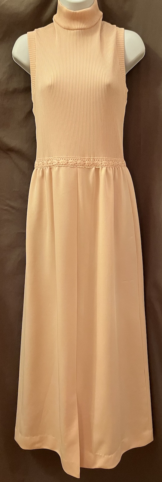 VTG 60s Alison Ayres Baby Pink Knit Lace Crochet Mod Hostess Prom Maxi Dress 14