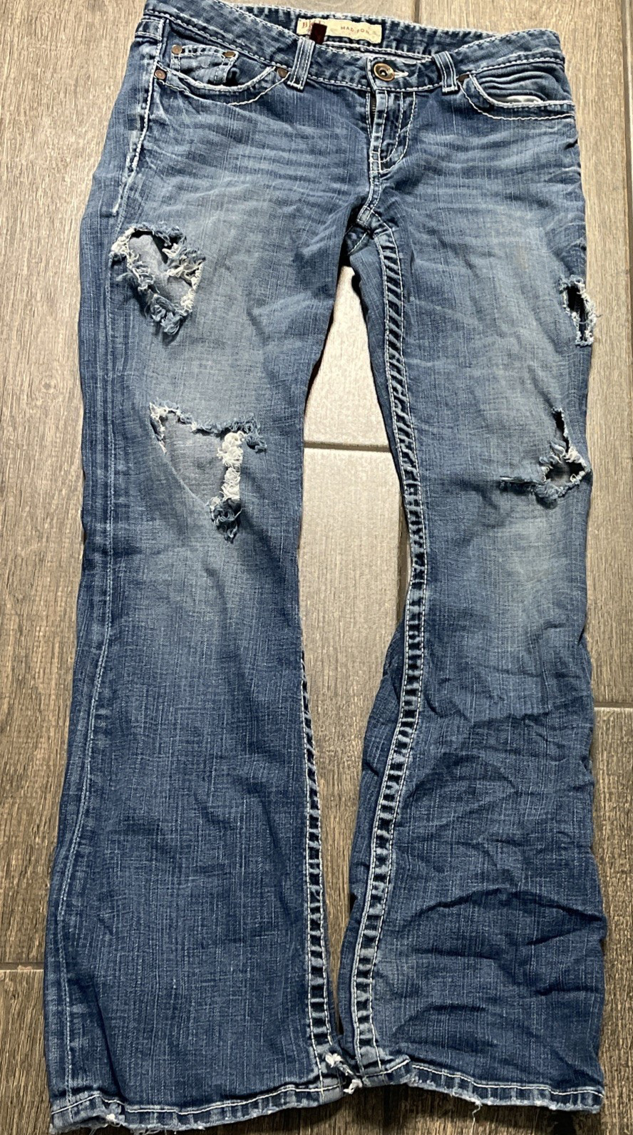 VTG BKE Madison Jeans Womens Sz 29×31.5 Flared Distressed Holes Tears Fraying