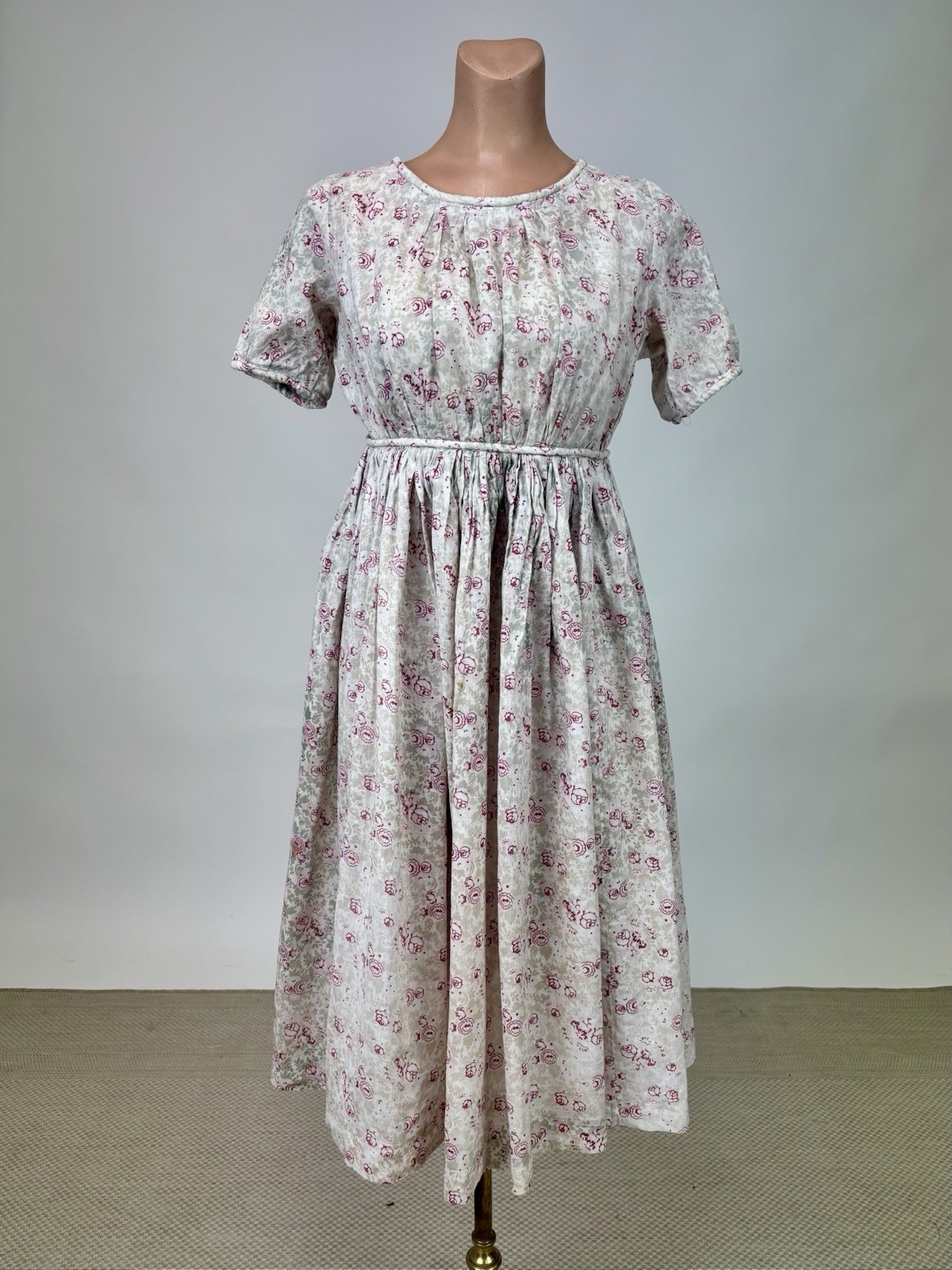 Vintage 1910s Childs Dress Short Sleeves Floral Print Pink Beige Soft Green