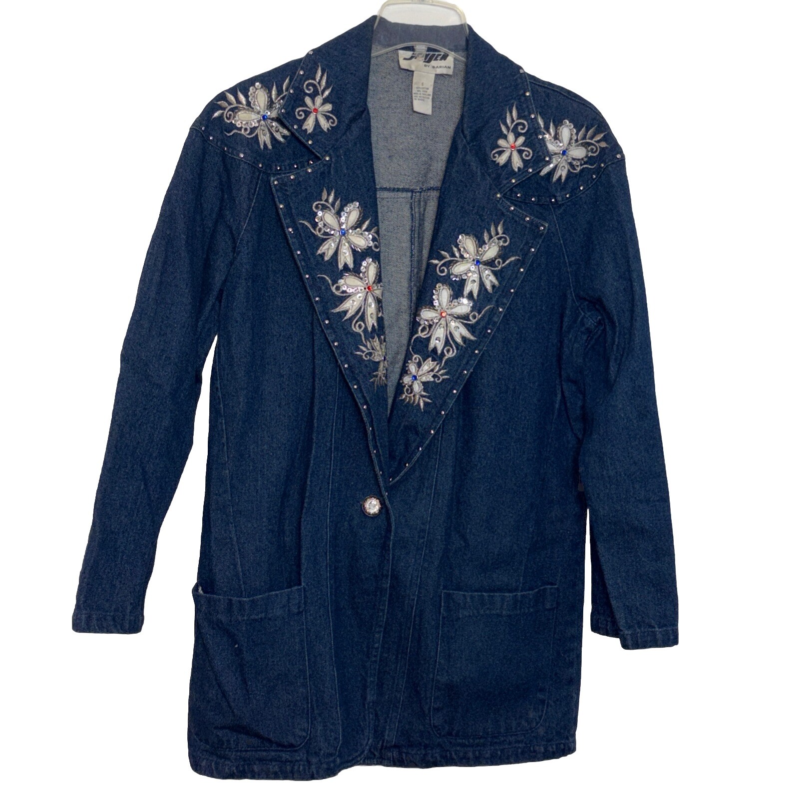 Vintage JENJEN by Darian 80s / 90s Rhinestone Embroidered Denim Blazer Jacket S