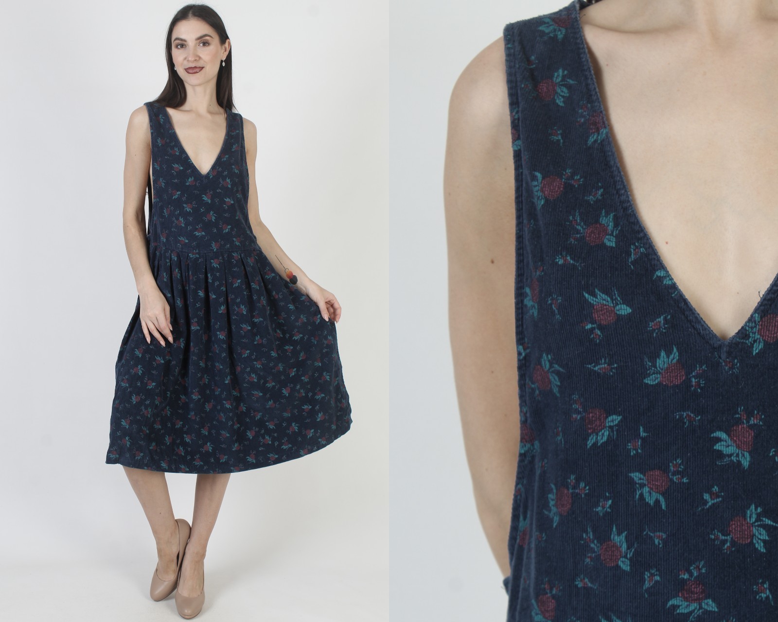 Vtg Blue Corduroy Dress Western Prairie Pinafore Country Apron Barn Sundress M