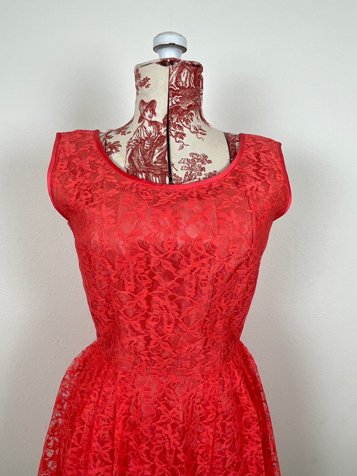 Vtg 50s CORAL LACE Dress J. Harlan Rockabilly Pinup Red Party Sheer Sexy 1950s