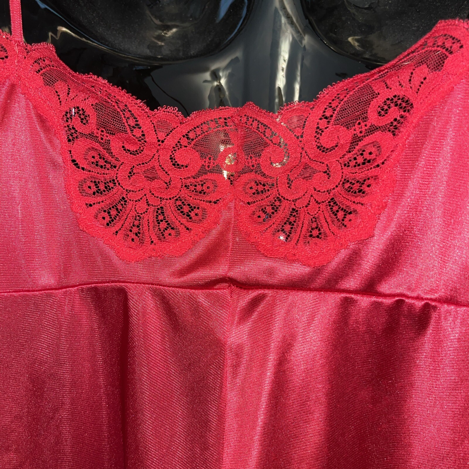 VTG Teddy Playsuit Romper Red Nylon Sheer Lace Ruffle 34 Med USA Maidenform