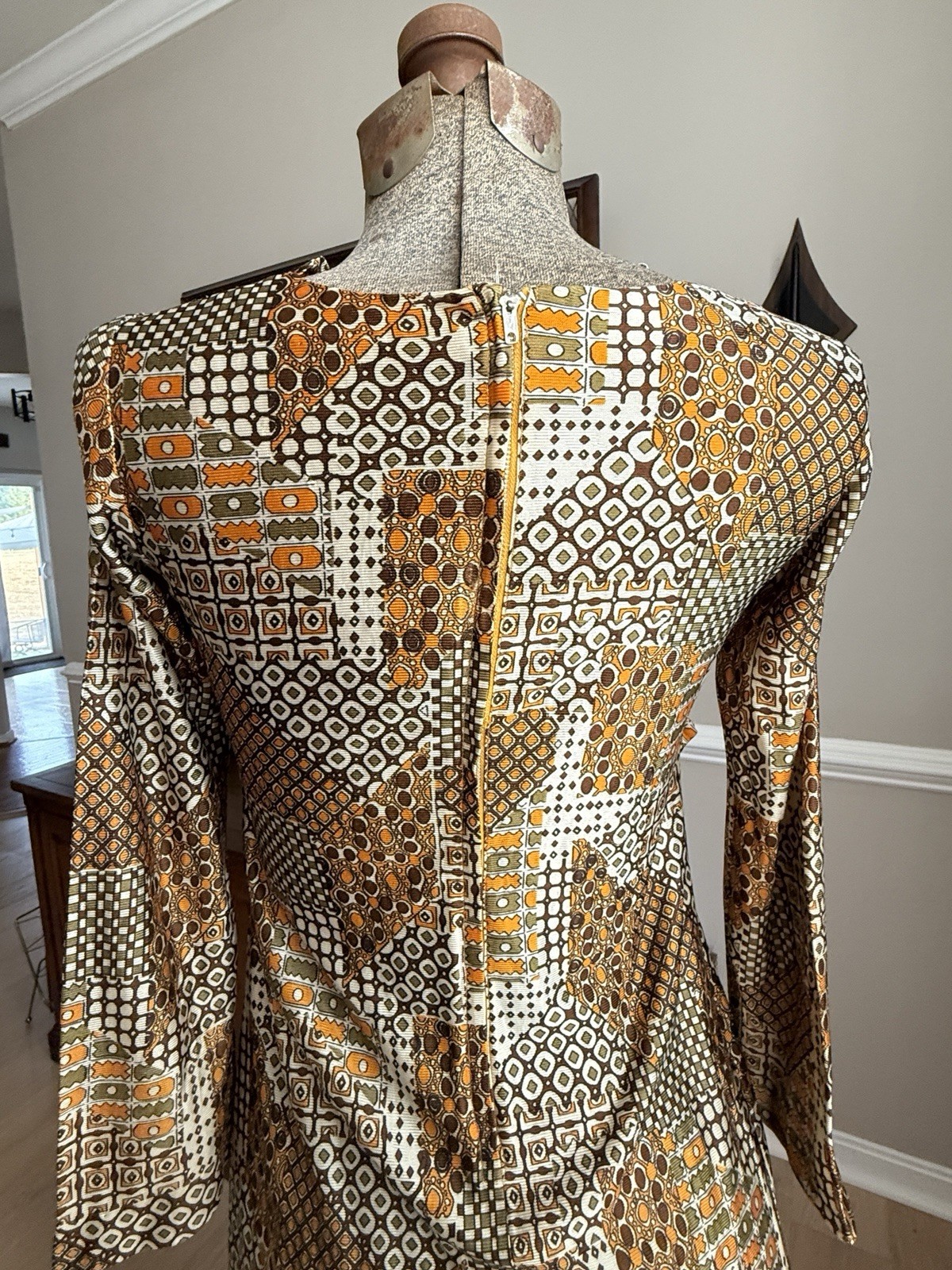 Vintage 70s Funky Print Brown And Orange Lace Up Midi Dress Size S