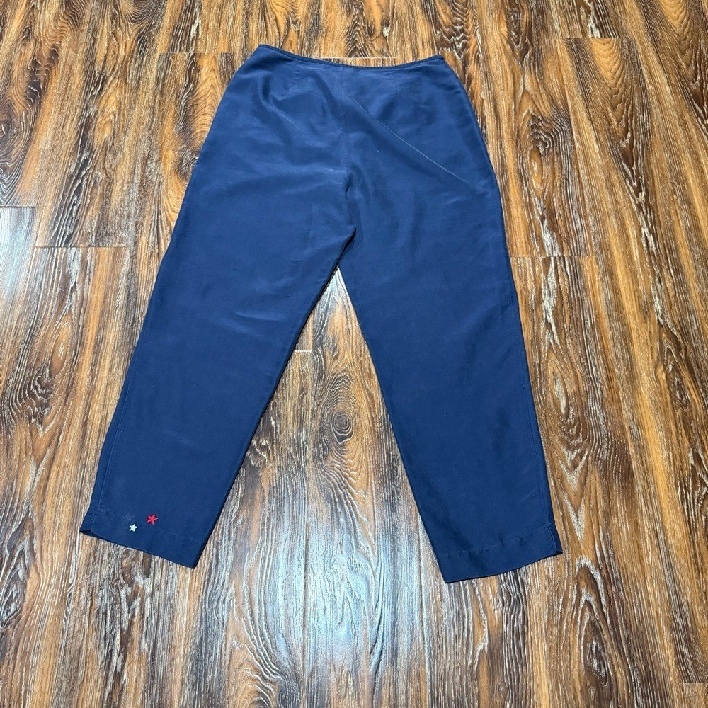 Vintage Allison Taylor Navy 100% Silk Pants Red White Star Embroidery Size 12 L