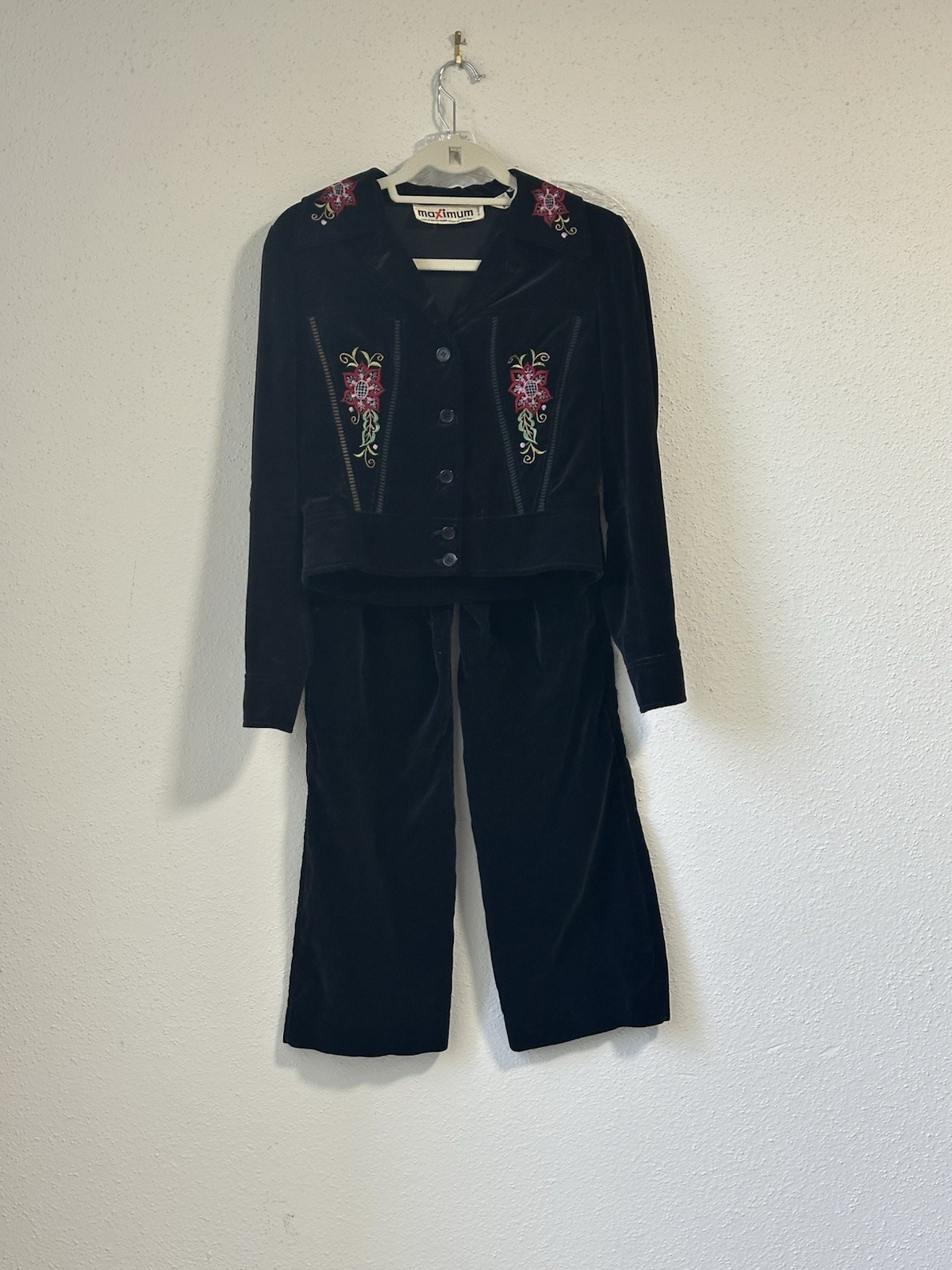 Vintage velvet black jacket and pants size youth 8 Pink and green embroidery.