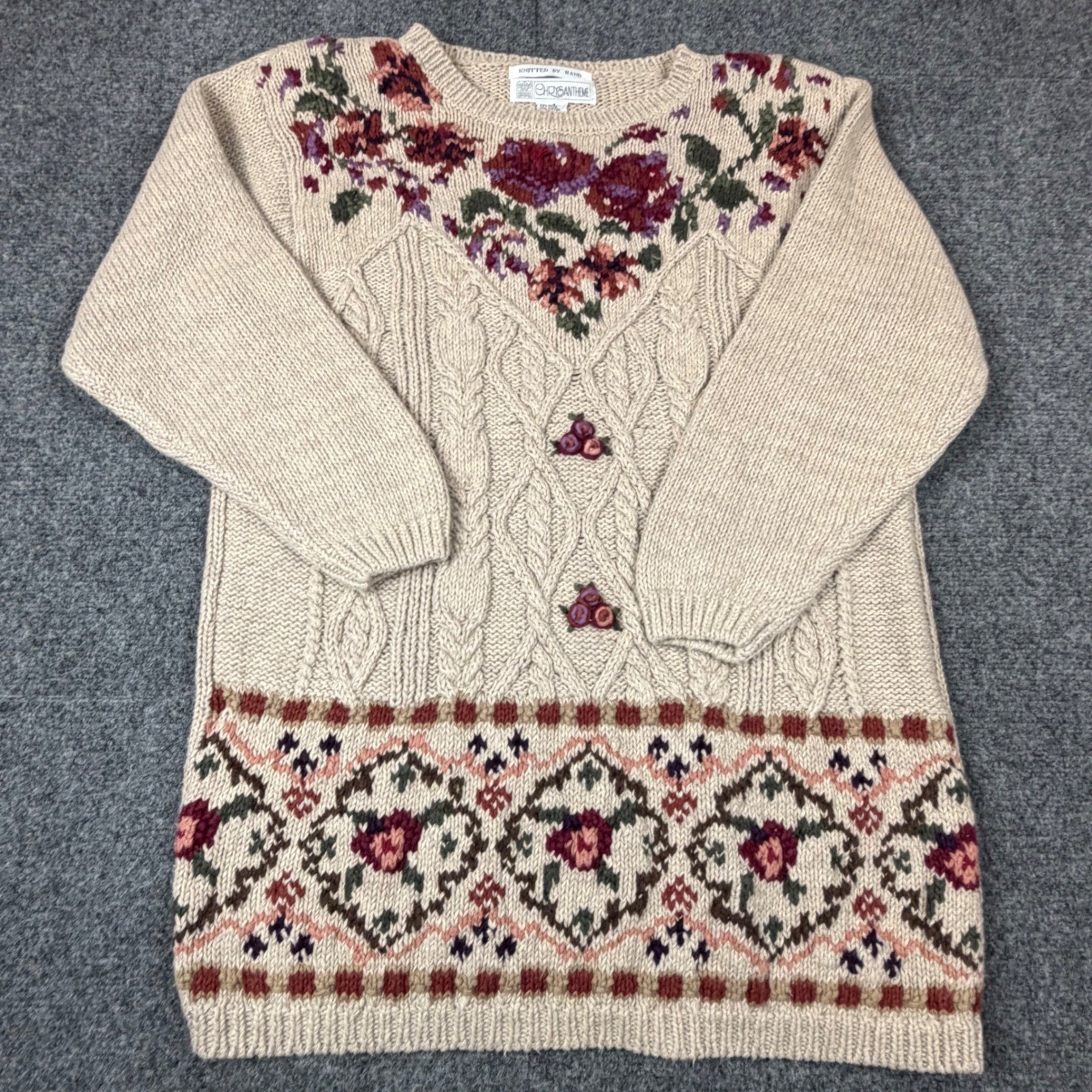 VTG Chrysantheme Womens Medium Hand Knit Floral Cable Sweater Beige Ramie Cotton