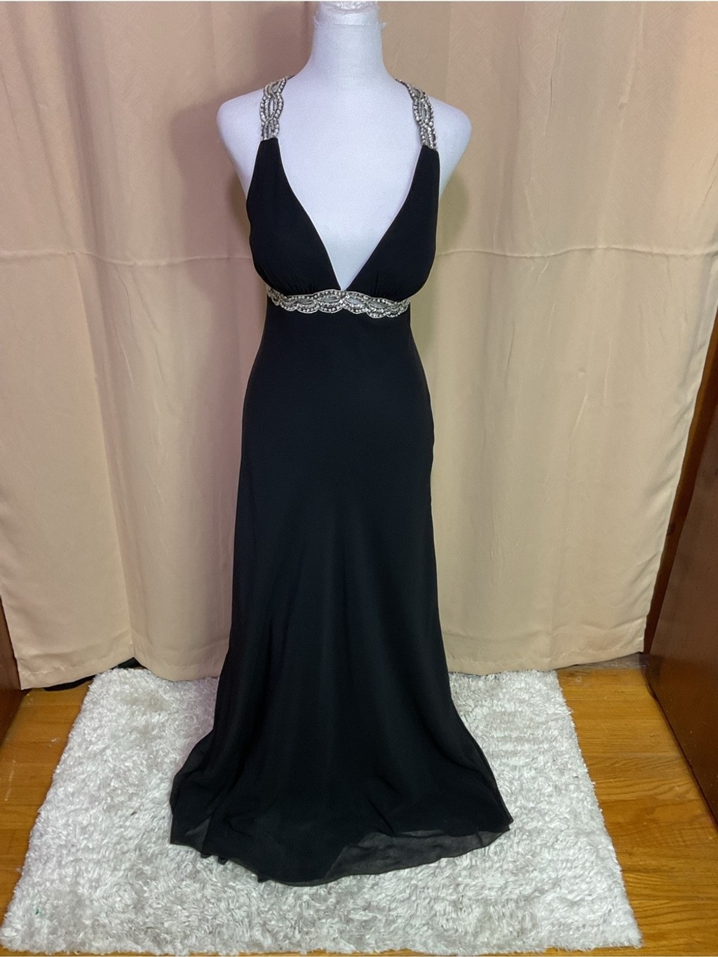 Faviana Couture Vintage Black Maxi Evening Gown with Silver Beaded Trim