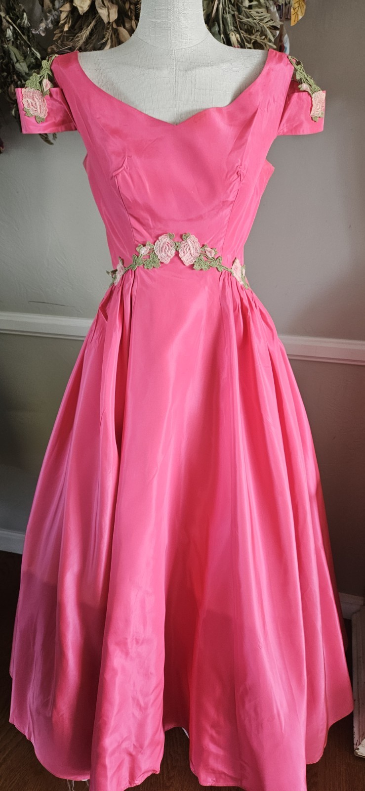 Vintage 1950s Custom Made Ballgown With Floral Accents And Open Shoulders…