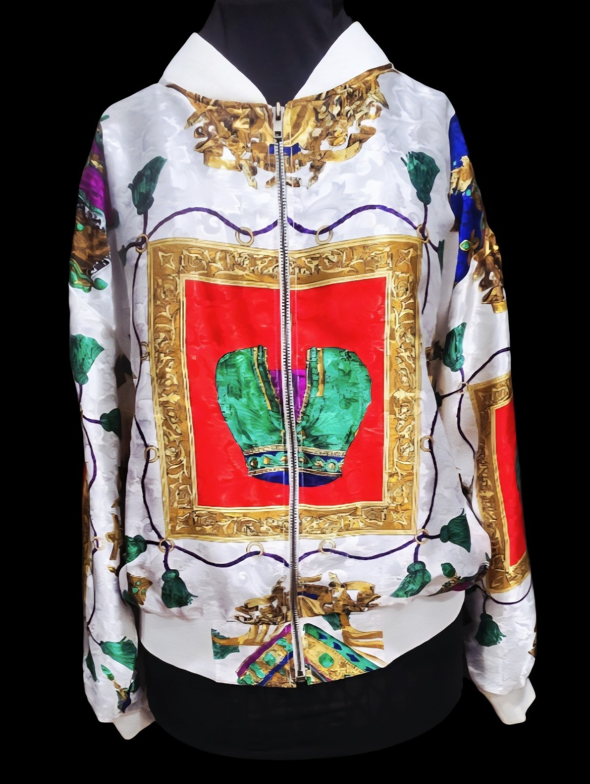 1980s PMB FASHION APPAREL Silky Polyester BaroqueStyle Korean Bomber Jacket XL