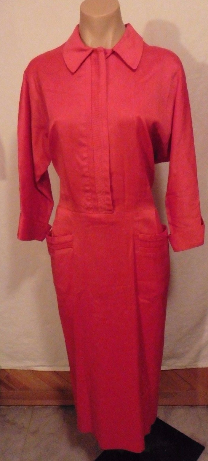 40s Red Linen Shirt Dress w/ Pleat Accents by Charles Hymen sz L 42x34x46