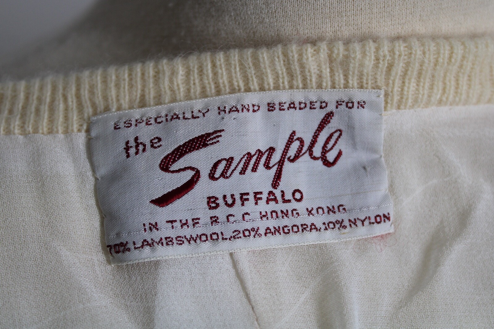 Vtg The Sample Shop Buffalo Ivory Lambswool Angora Beaded Cardigan Sweater