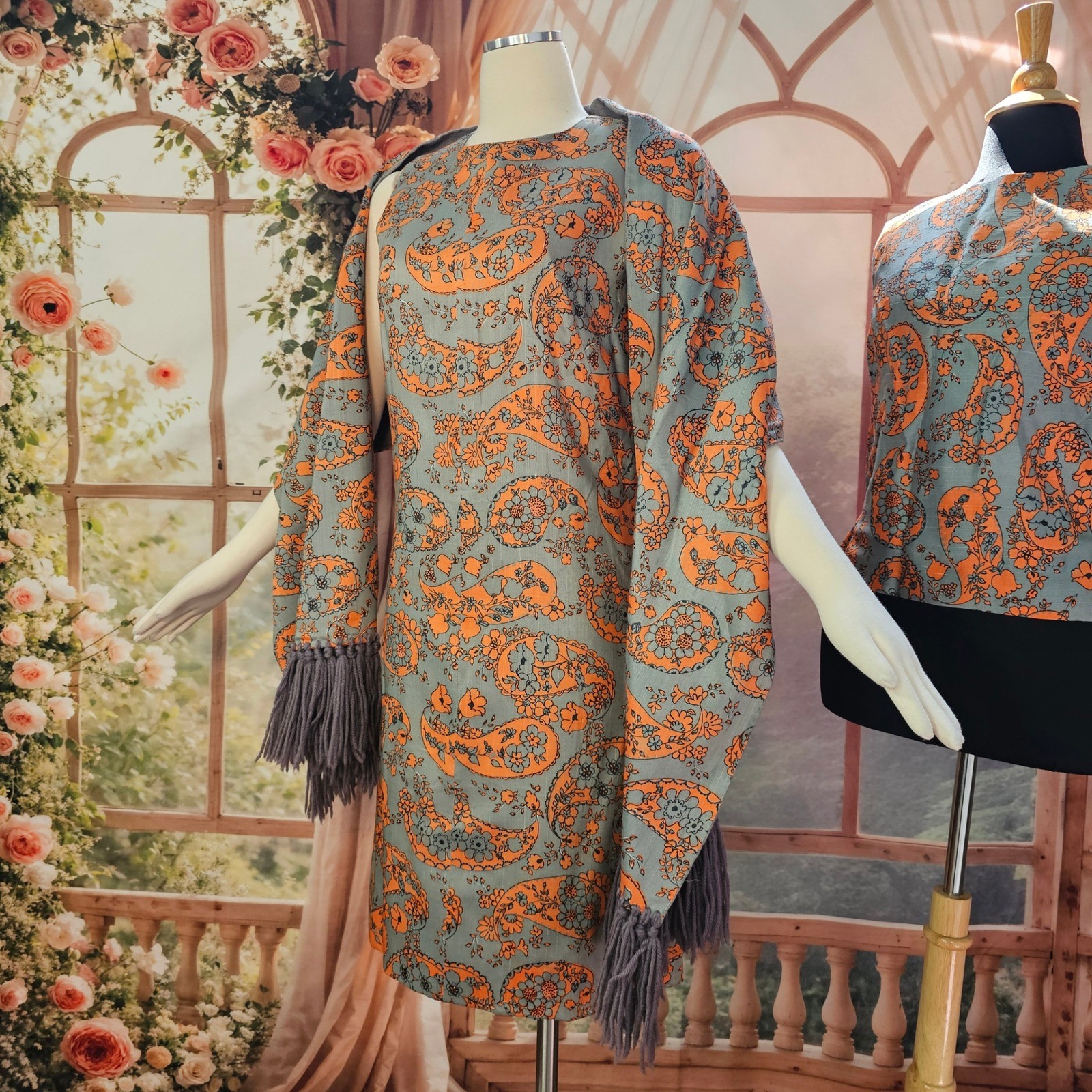 Vintage 1960s Paisley Dress Set Shift Top Blouse Fringed Shawl Grey Orange Mod