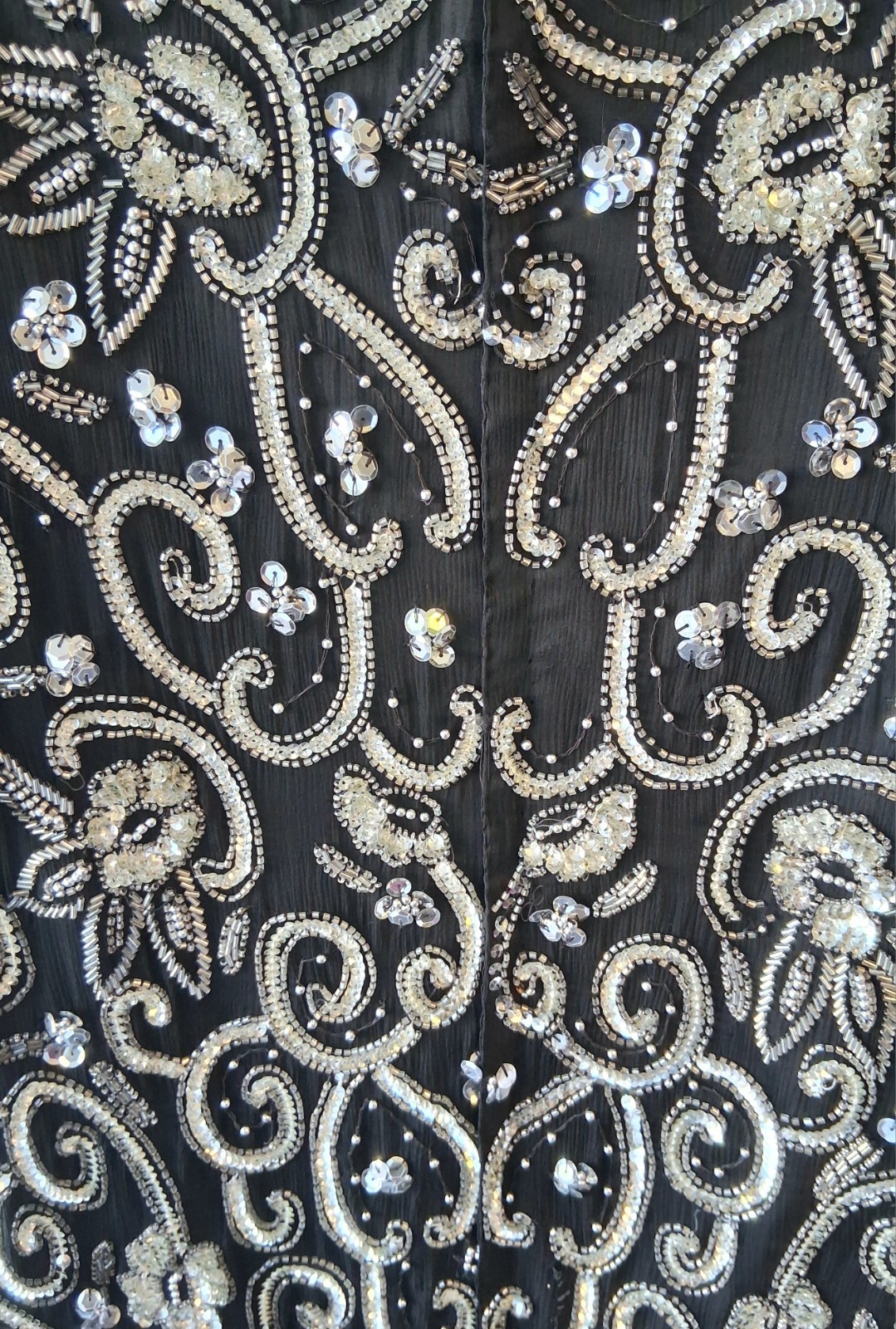 Vintage Womens Large Top Laurence Kazar Black Silver Sequin Beaded Blouse Gatsby