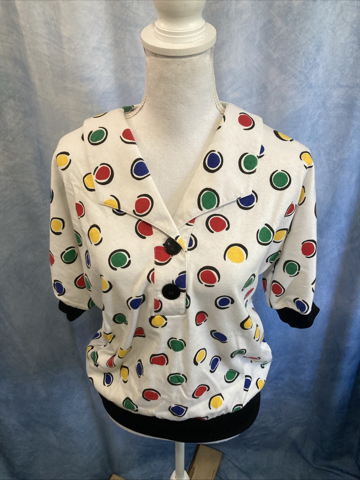Vtg 80s Peter Popovitch Pop Art Circle Polka Dot Blouse Banded Cuff Shirt